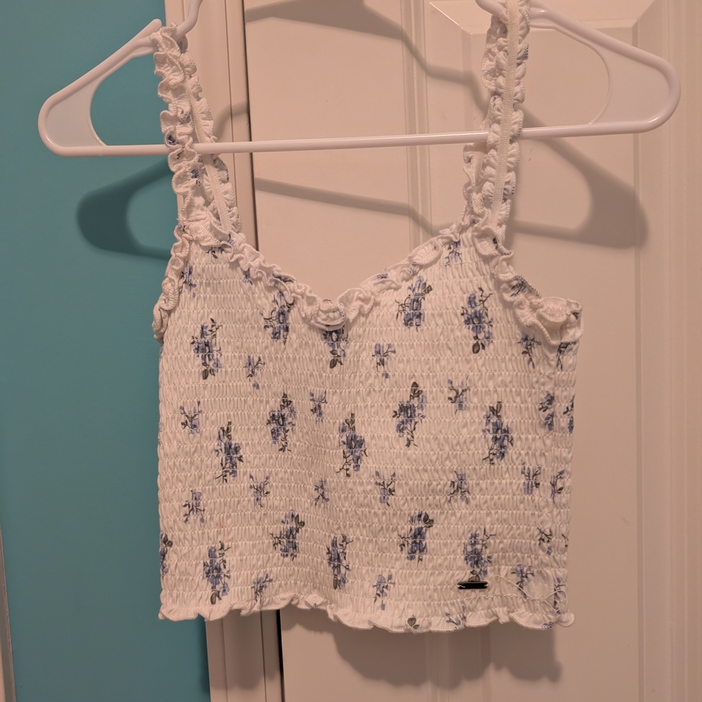 White and Blue Floral Smocked Crop Top